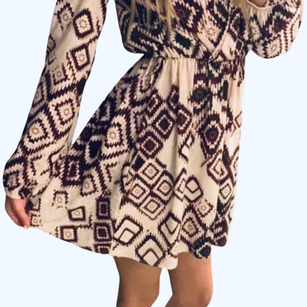 Windsor Burgundy & Beige Aztec Long Sleeve Dress